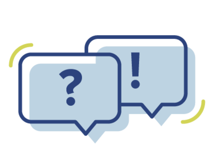 zwei Sprechblasen, eine mit Fragezeichen und eine mit Ausrufezeichen